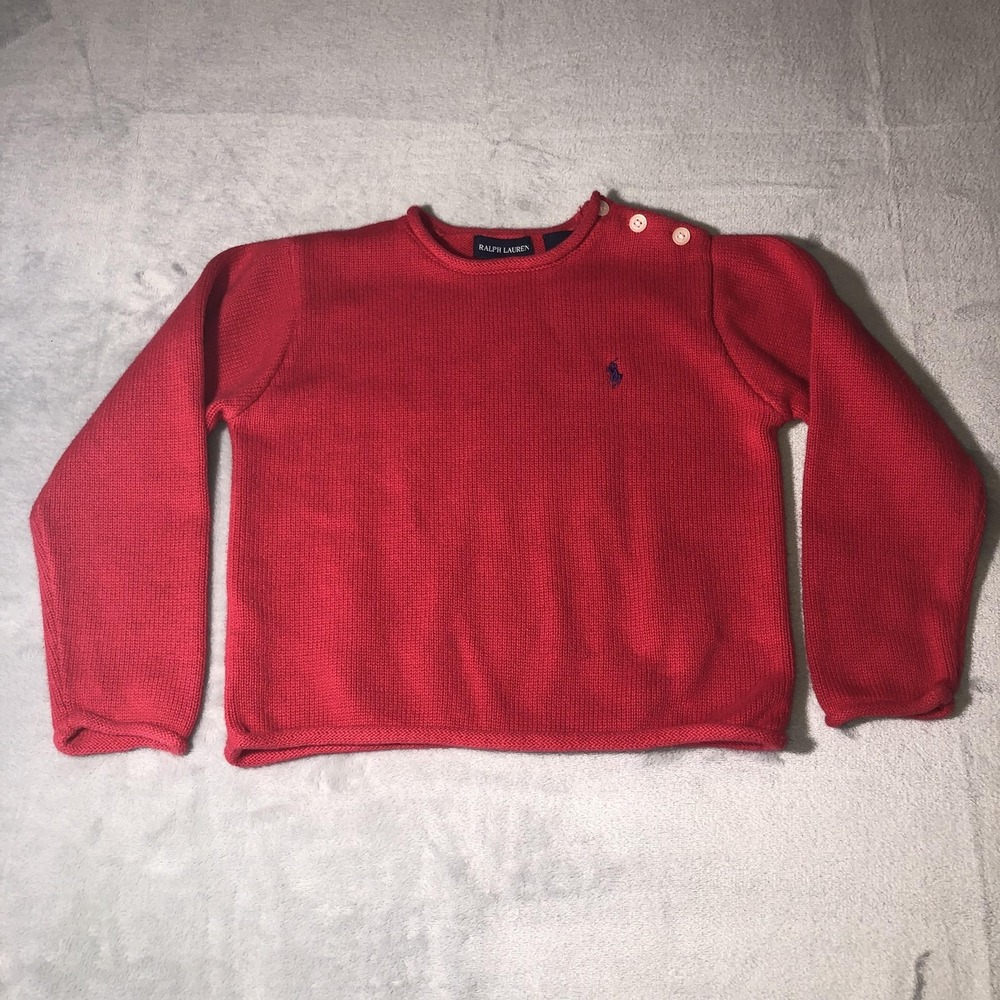 Ralph Lauren Rolled Neck Sweater Girl Sz 4/5 Red Button Shoulder Logo Japan y2K